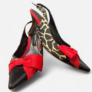 Beverly Feldman Slingback Pumps with Leopard Print, Pointed Toe, & Big Red Bow